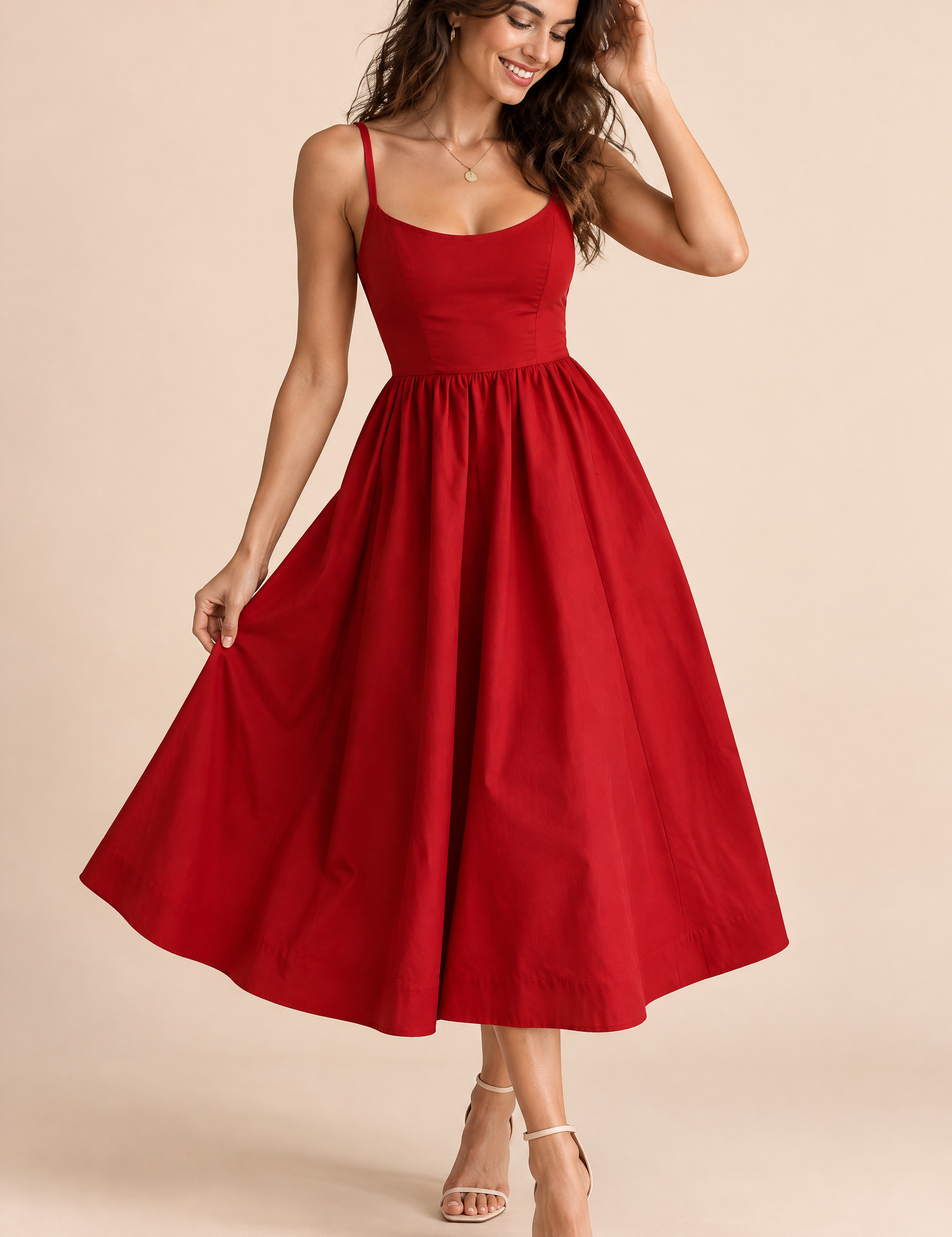 Robe midi rouge plissée évasée | Vue de face | Lounelle Paris