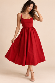 Robe midi rouge plissée évasée | Vue de face | Lounelle Paris