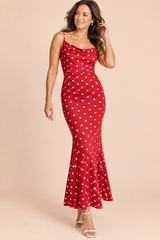 Red Polka Dot Mermaid Maxi Dress with Draped Cowl Neckline