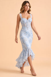 Robe corset bleu ciel à fleurs | Vue en mouvement | Lounelle Paris