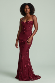 Robe longue bordeaux à broderies florales | Vue de face | Lounelle Paris
