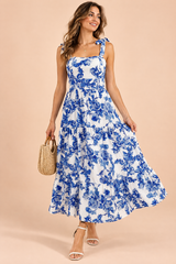 Blue Floral Maxi Dress with Ruffles and Square Neckline