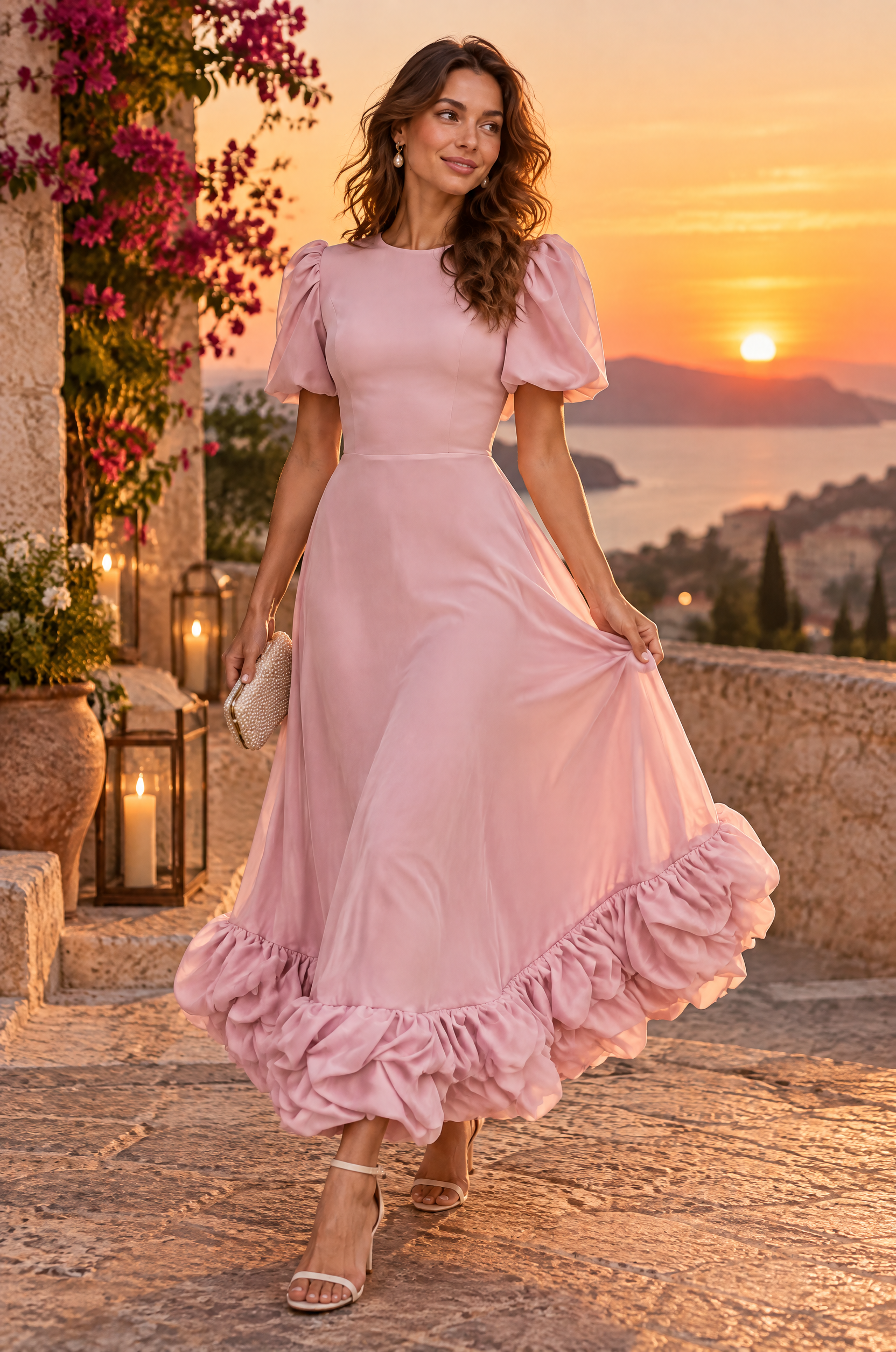 Robe longue rose à manches bouffantes et volant | Deuxième photo lifestyle | Lounelle Paris