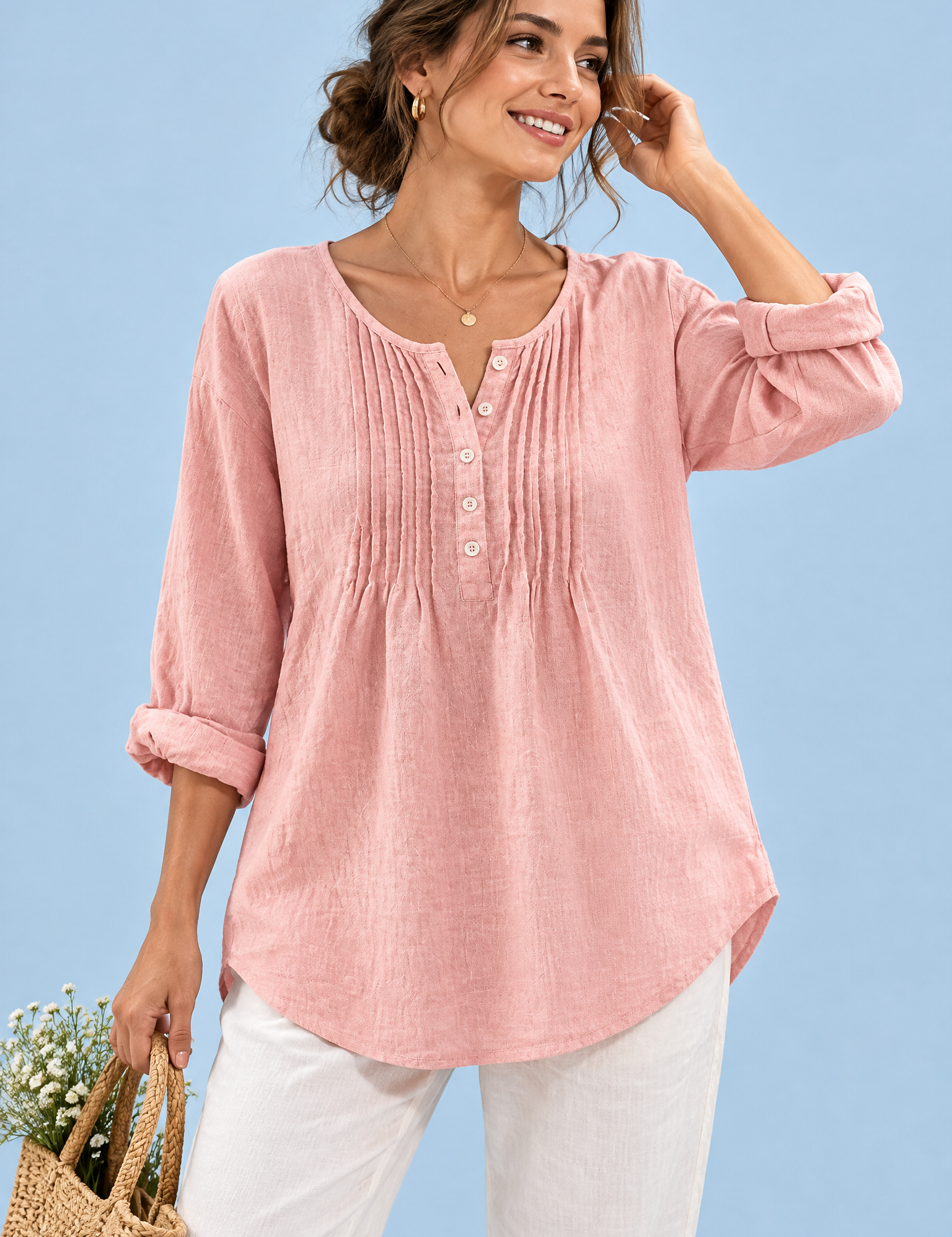 Blouse rose en coton à col rond et patte de boutonnage plissée | Vue de face | Lounelle Paris