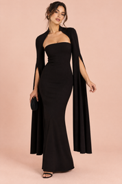 Robe longue noire moulante à encolure carrée | Vue de face | Lounelle Paris
