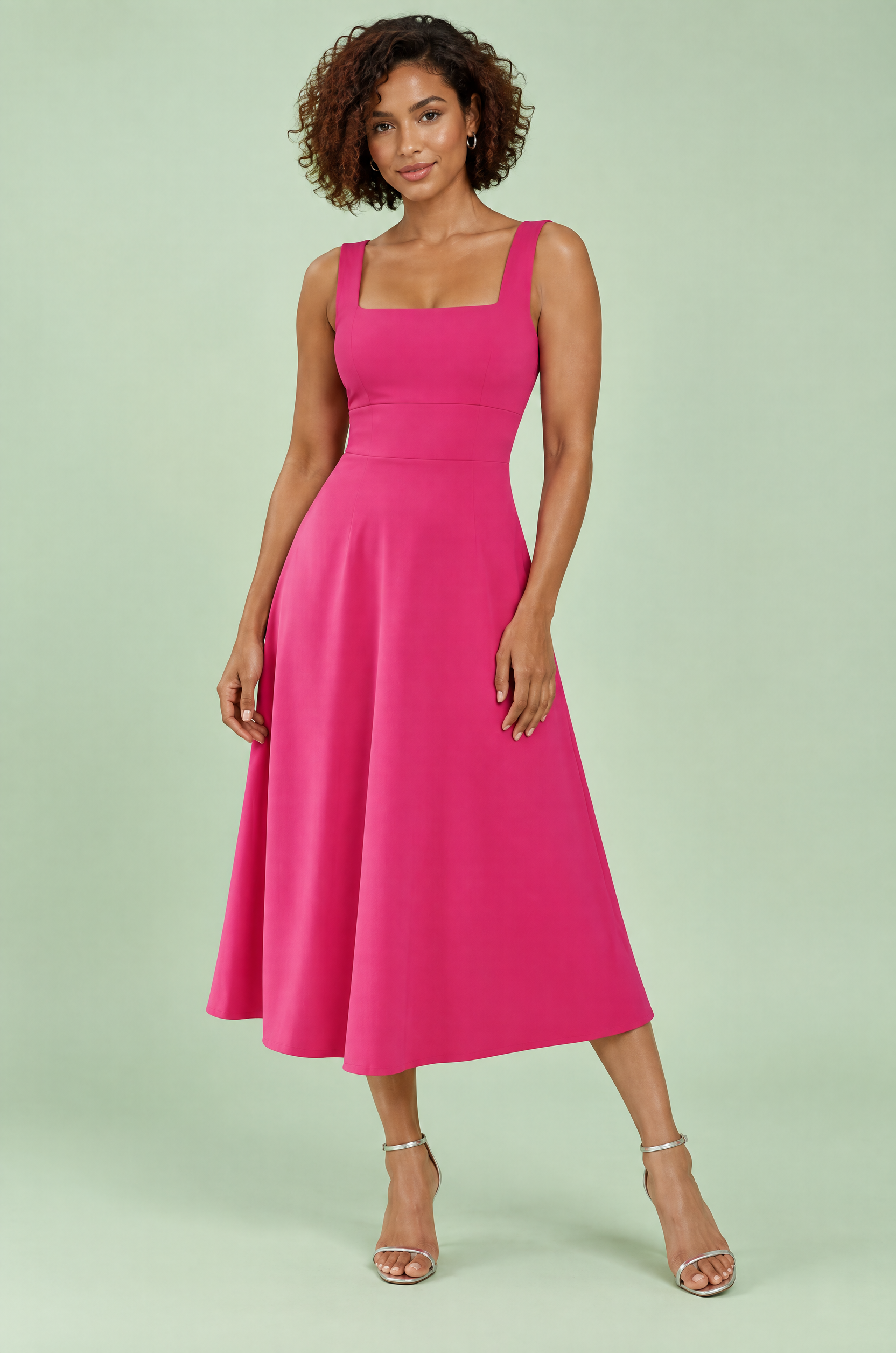 Robe midi rose vif à fines bretelles et jupe évasée | Vue de face | Lounelle Paris