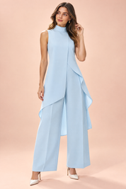 Ensemble pantalon bleu fluide avec top sans manches à col montant | Vue de face | Lounelle Paris
