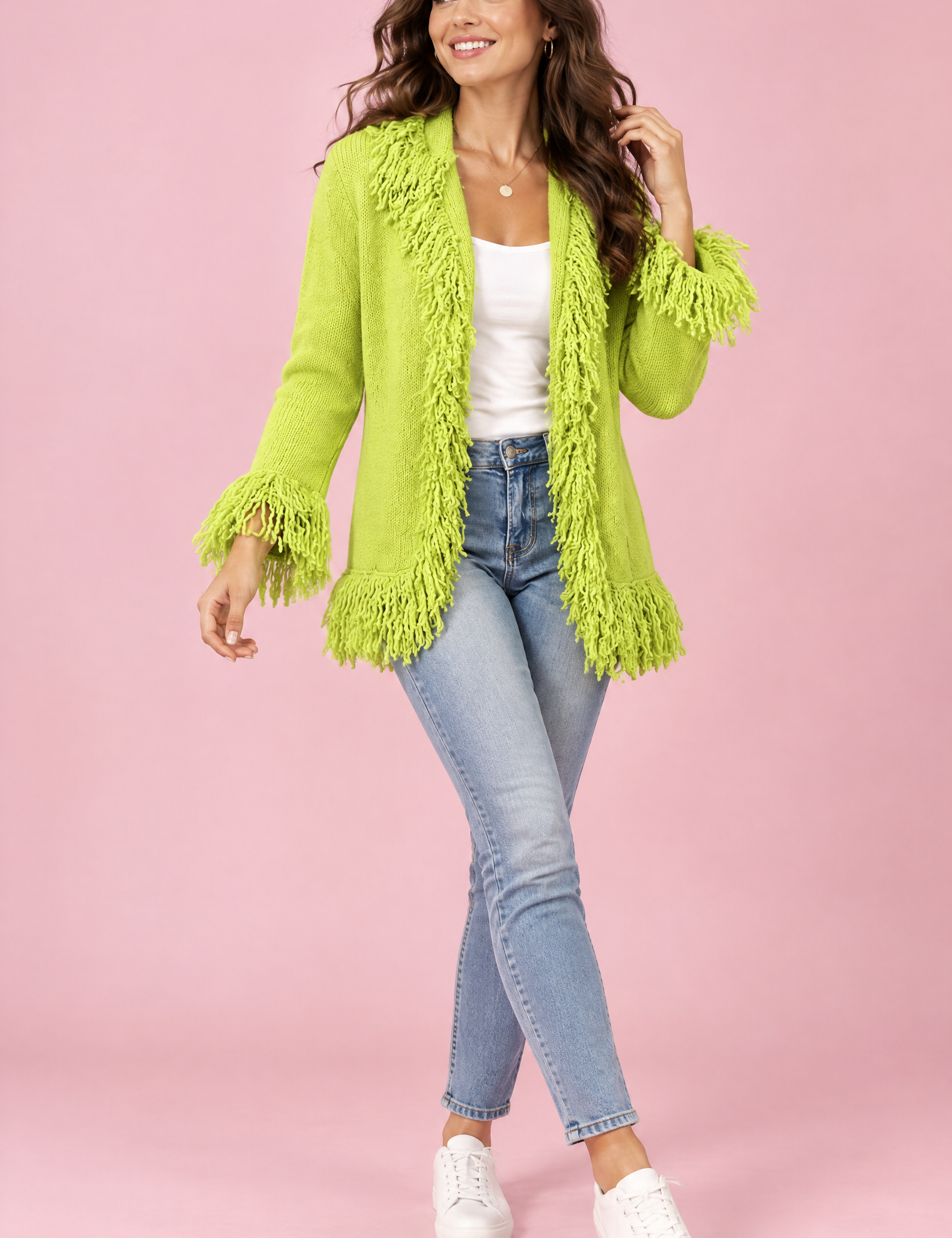 Gilet vert citron à franges | Vue de face | Lounelle Paris