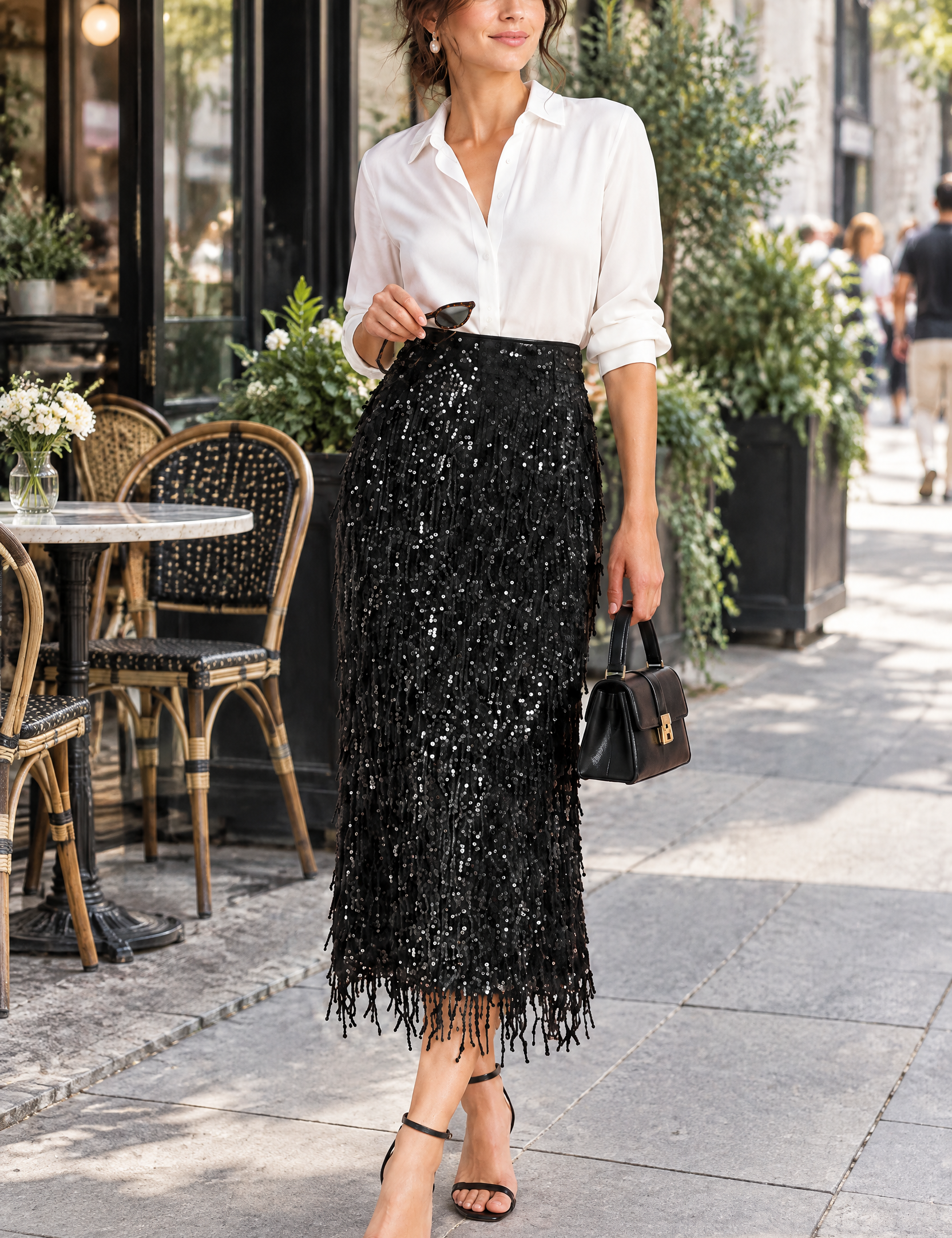 Jupe midi noire à franges et sequins | Photo lifestyle | Lounelle Paris