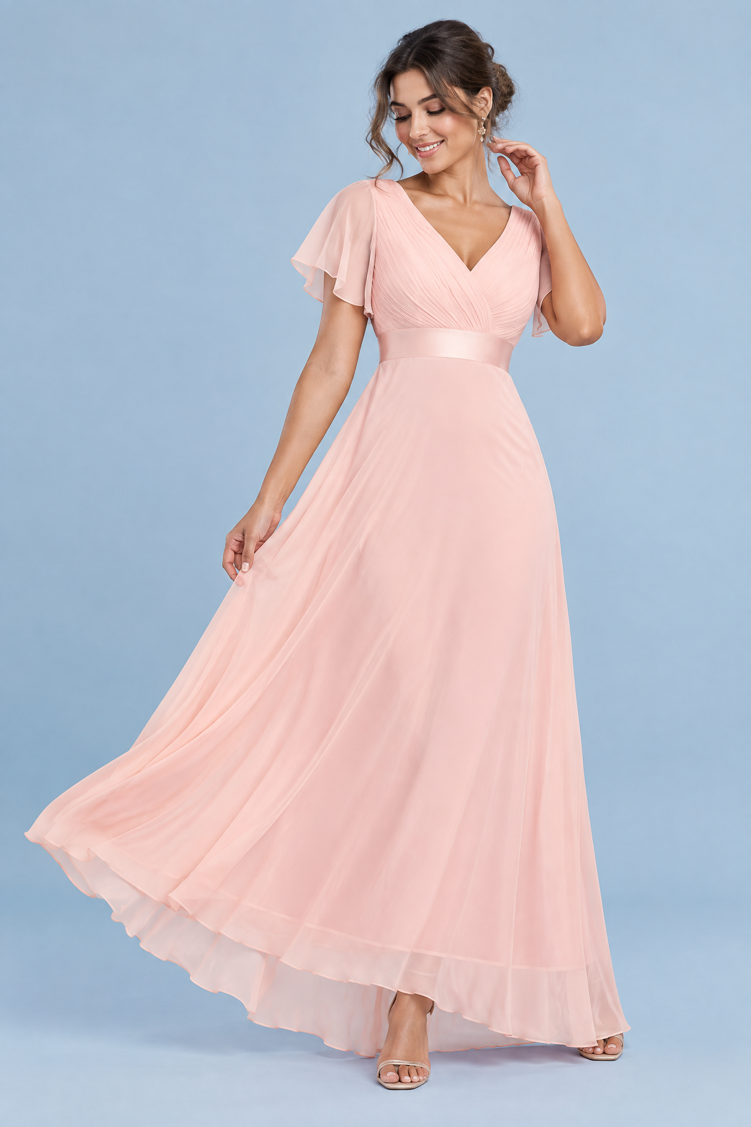 Robe longue plissée rose à col V | Vue de face | Lounelle Paris