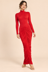 Red Ruched Long-Sleeve Maxi Dress