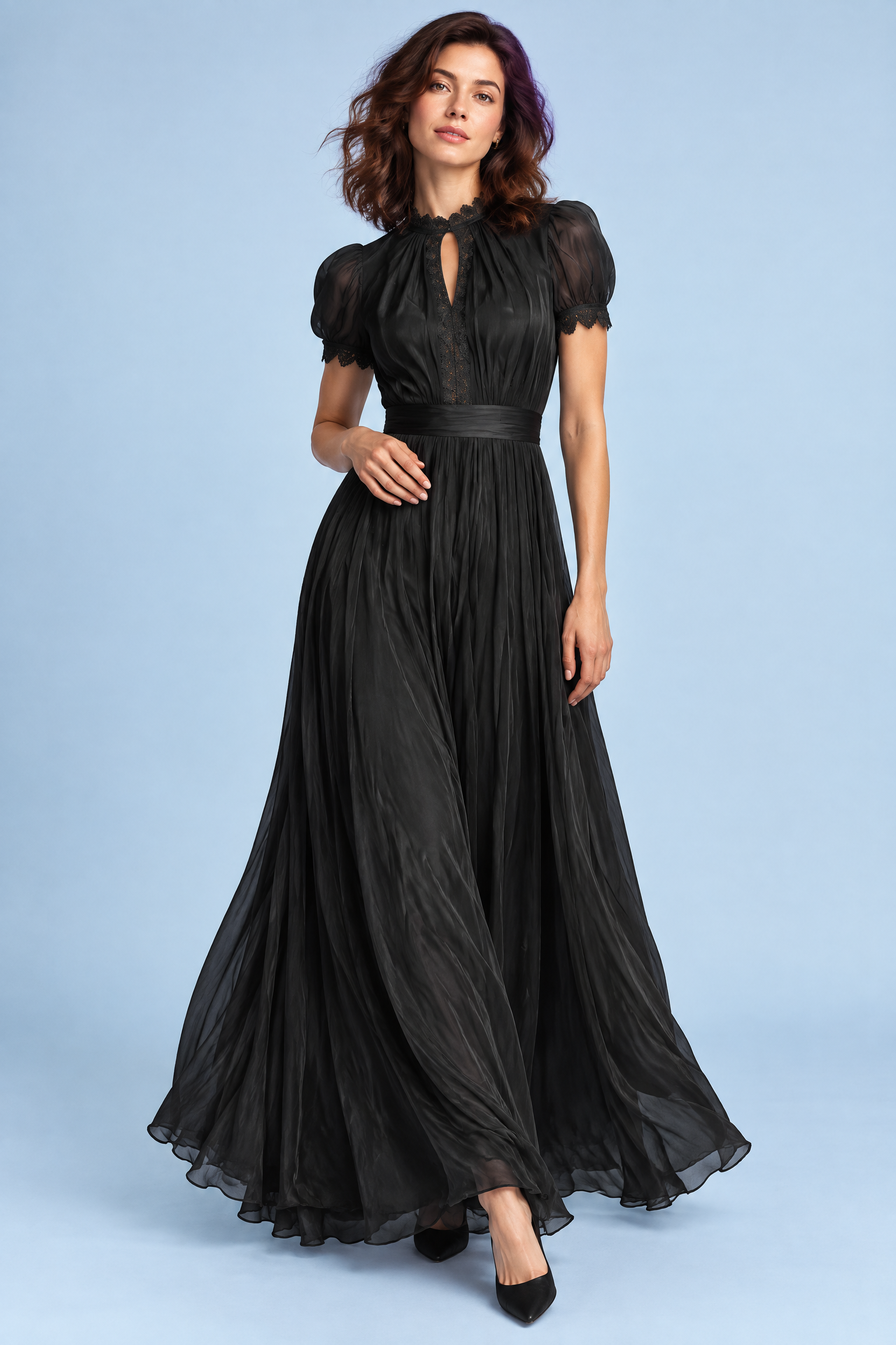 Robe longue noire à volants | Vue de face | Lounelle Paris
