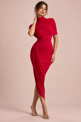 Red Asymmetric Twisted Cape Midi Dress