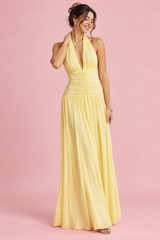 Yellow Plunge-Neck Maxi Dress With Gathered-Detailing