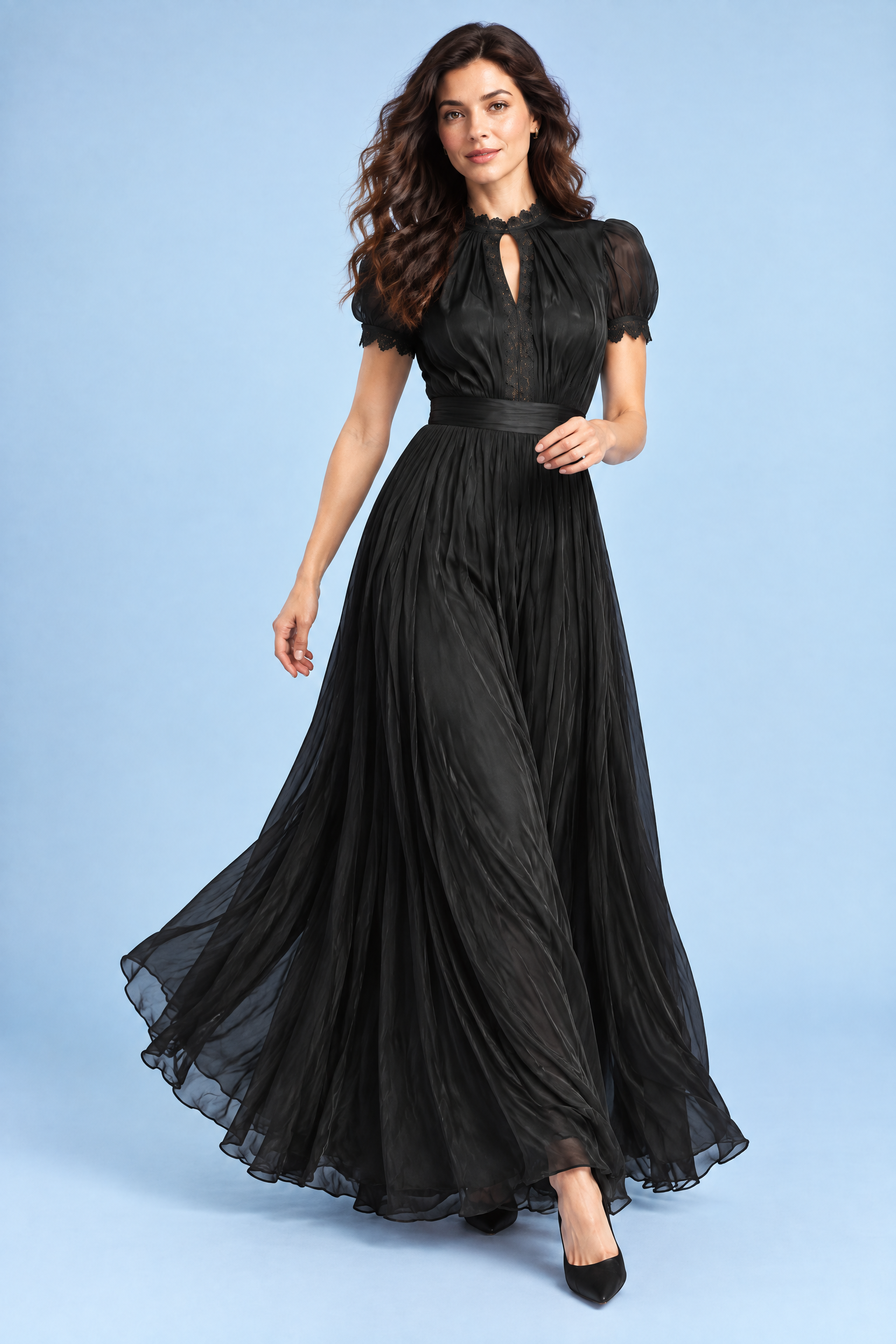 Robe longue noire à volants | Vue en mouvement | Lounelle Paris