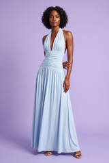 Light Blue Maxi Dress with a Plunging Neckline and Ruching