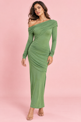 Green One-Shoulder Maxi Dress with Long Sleeves and Ruched Details
