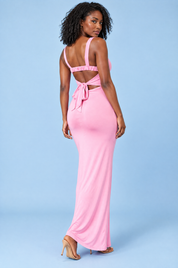 Robe longue rose à encolure dos nu et coupe sirène | Vue de dos | Lounelle Paris