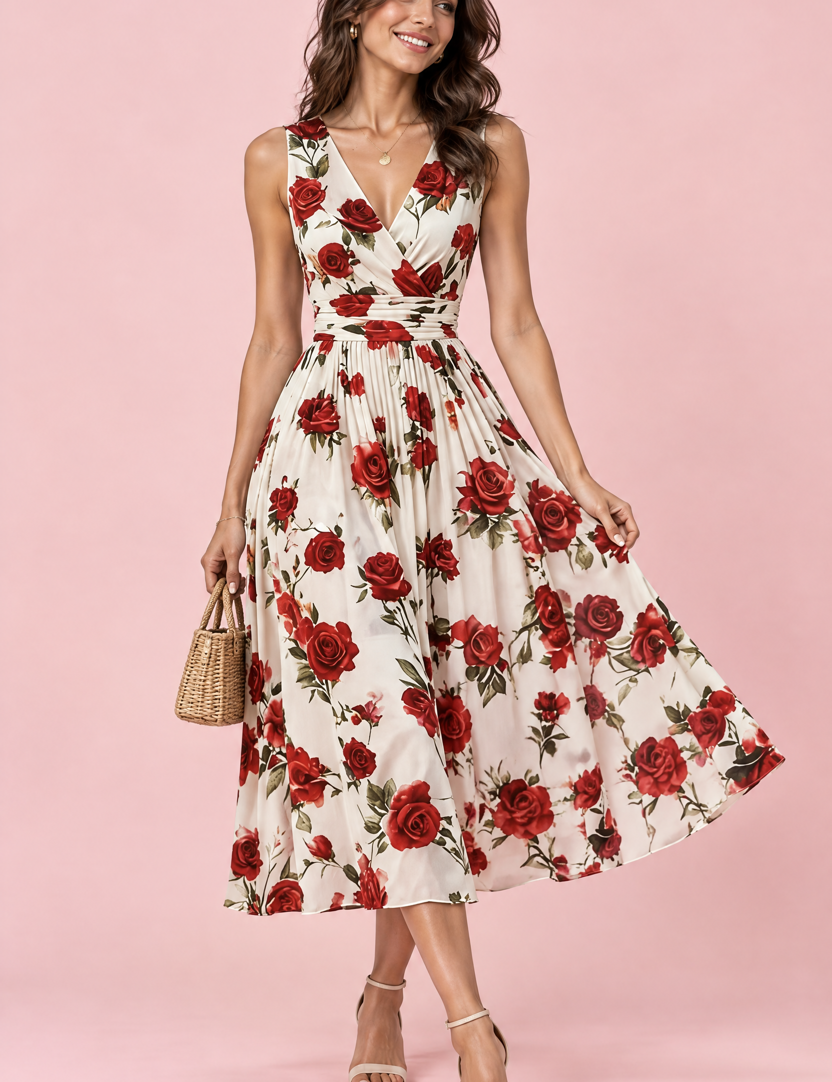 Robe midi rouge à imprimé de bouquets floraux, col carré et coupe trapèze | Vue de face | Lounelle Paris