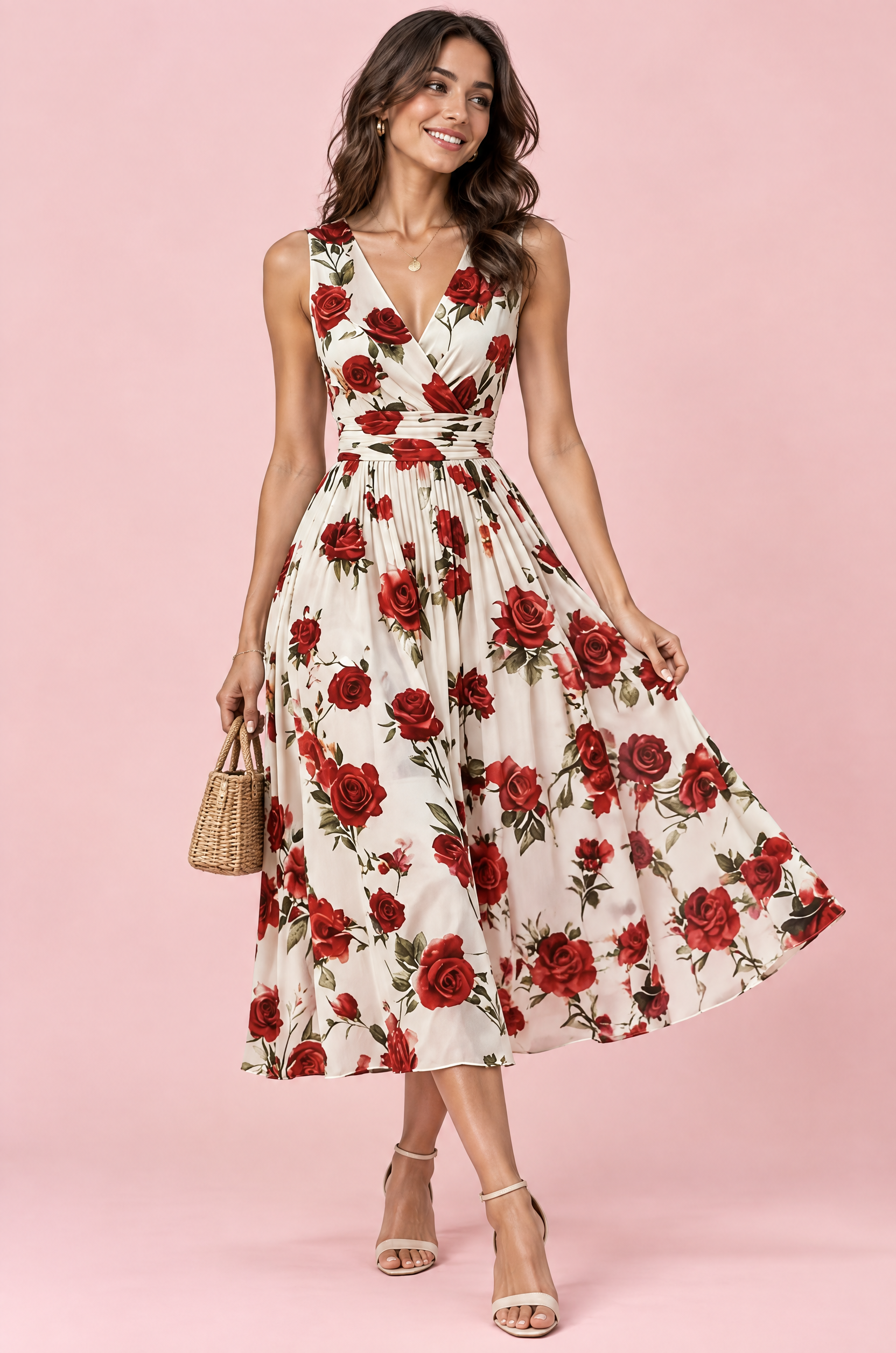Robe midi rouge à imprimé de bouquets floraux, col carré et coupe trapèze | Vue de face | Lounelle Paris