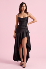 Black satin maxi dress with straight neckline and lace-up back