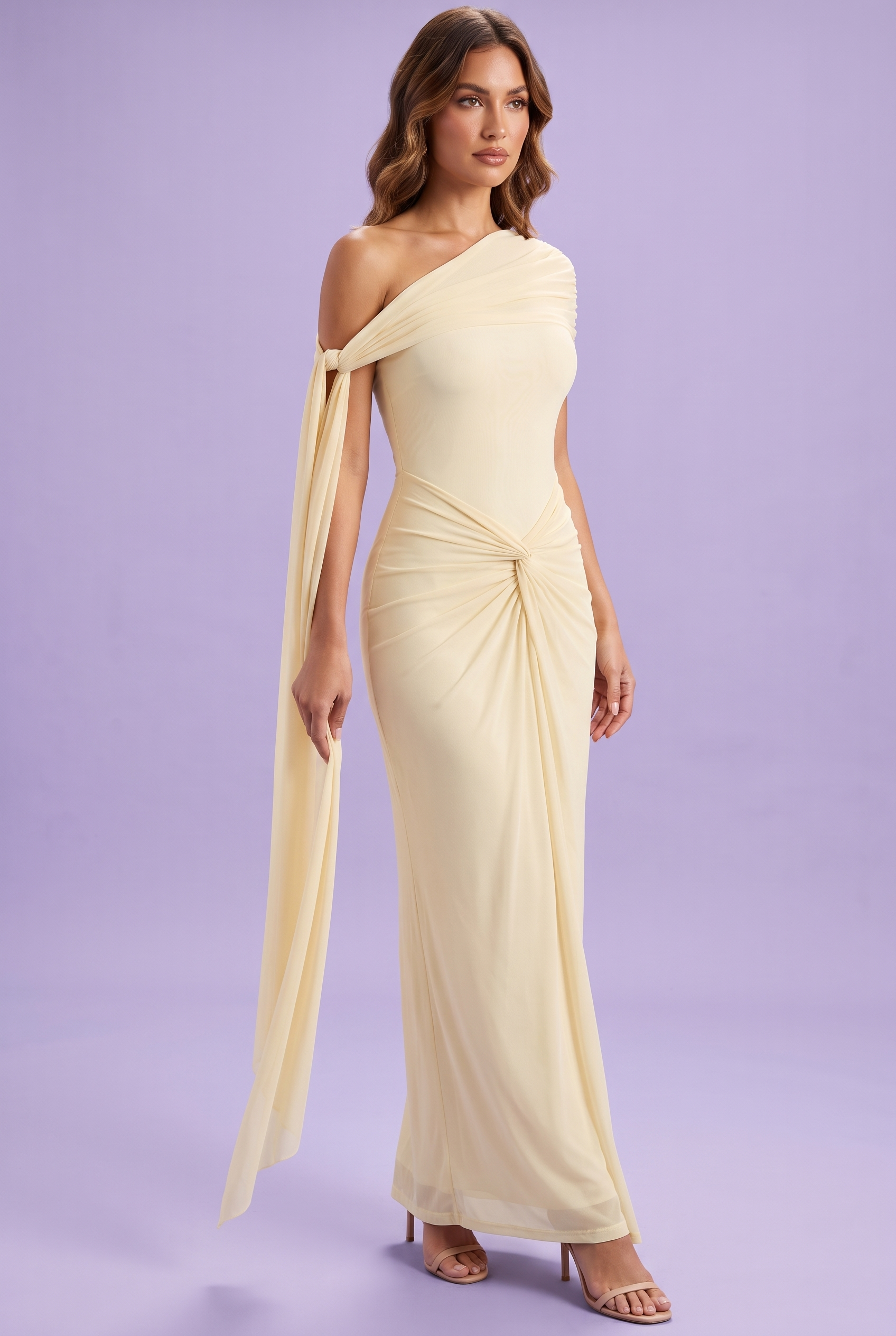 Robe longue moulante froncée asymétrique jaune | Vue de face | Lounelle Paris