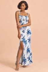 Blue Floral Maxi Dress with Square Neck and Side Slit