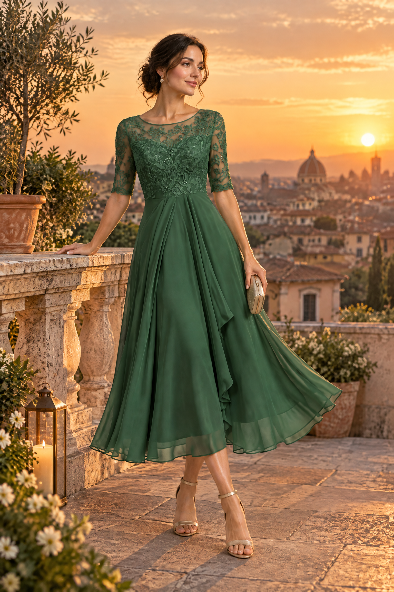 Robe en mousseline à corsage brodé vert forêt | Deuxième photo lifestyle | Lounelle Paris