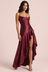 Long Burgundy Satin Dress with Lace-Up Back and Asymmetric Ruffle Skirt