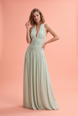 Light Green Plunge-Neck Maxi Dress With Gathered-Detailing