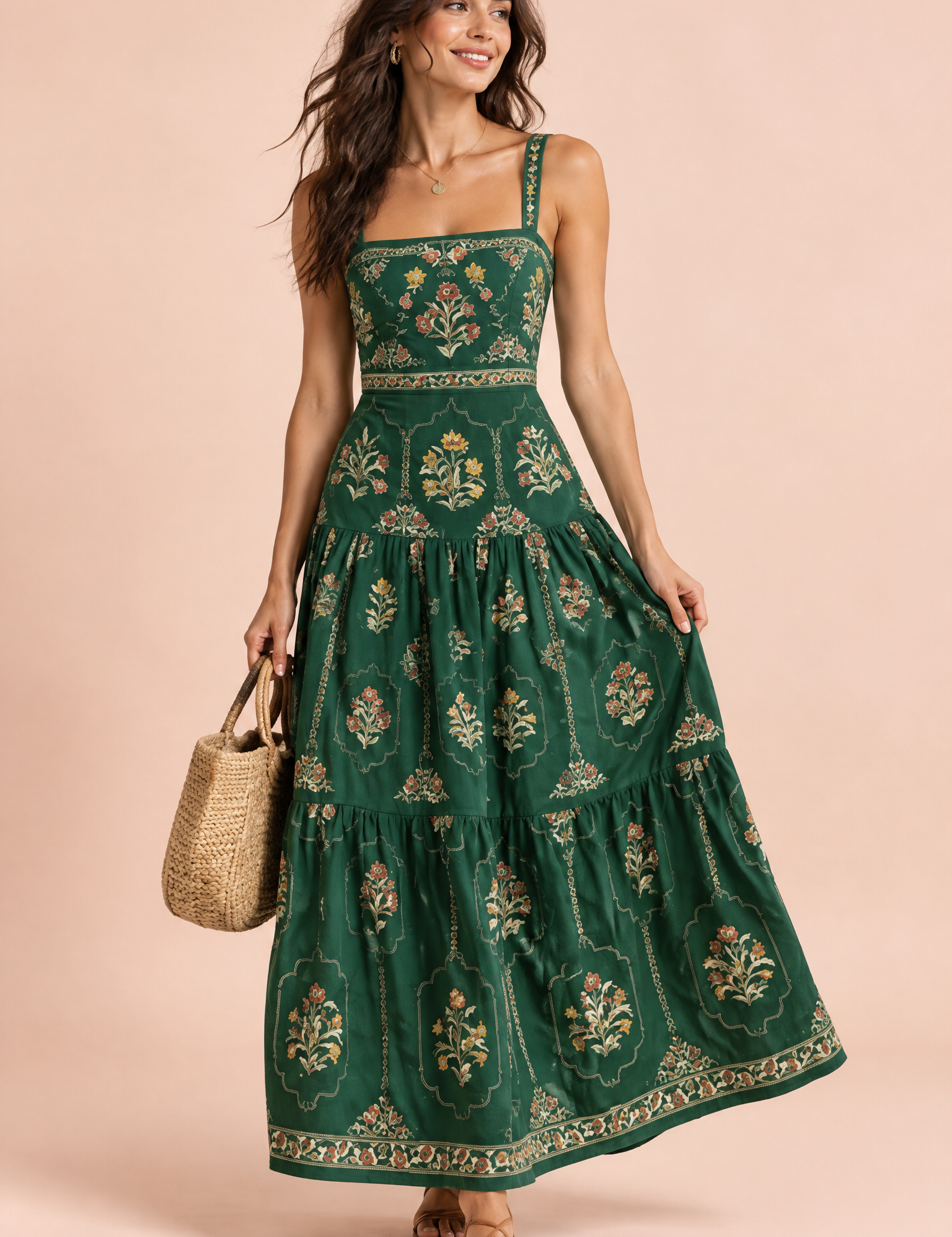 Robe longue vert forêt fleurie à volants | Vue de face | Lounelle Paris