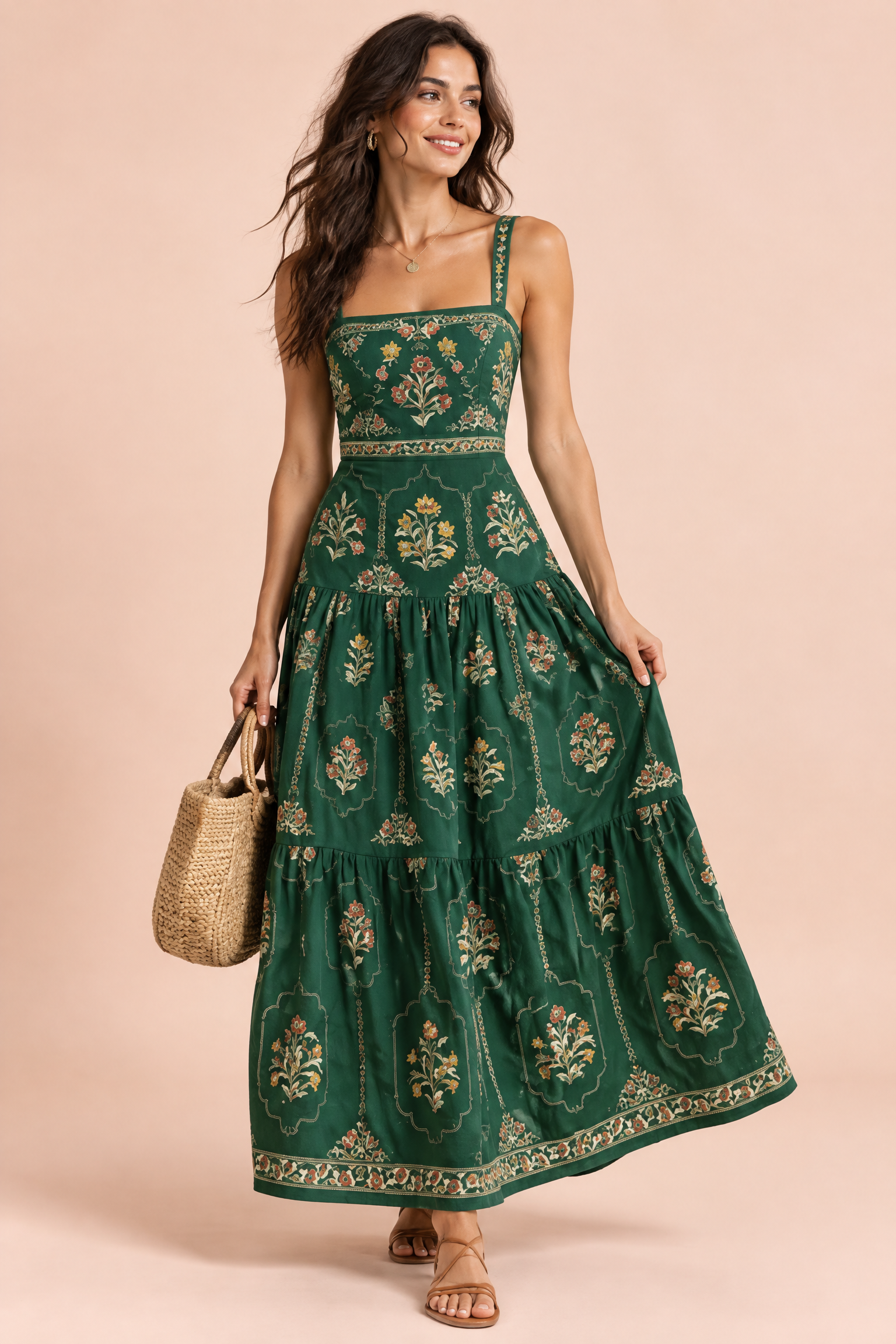 Robe longue vert forêt fleurie à volants | Vue de face | Lounelle Paris