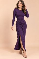 Purple Fitted Maxi Dress with Long Sleeves and Ruffle Slit