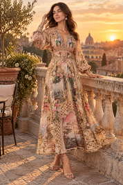 Robe longue beige à col V et manches bouffantes | Deuxième photo lifestyle | Lounelle Paris