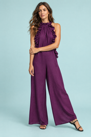 Robe longue violette à volants et encolure américaine | Vue de face | Lounelle Paris