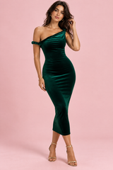Dark Green Velvet Twisted Asymmetric Maxi Dress