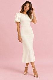 Robe midi écrue à manches bouffantes | Vue de face | Lounelle Paris