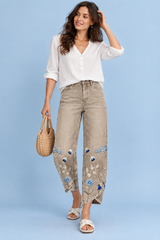 Floral Print Beige Slit Hem Pants