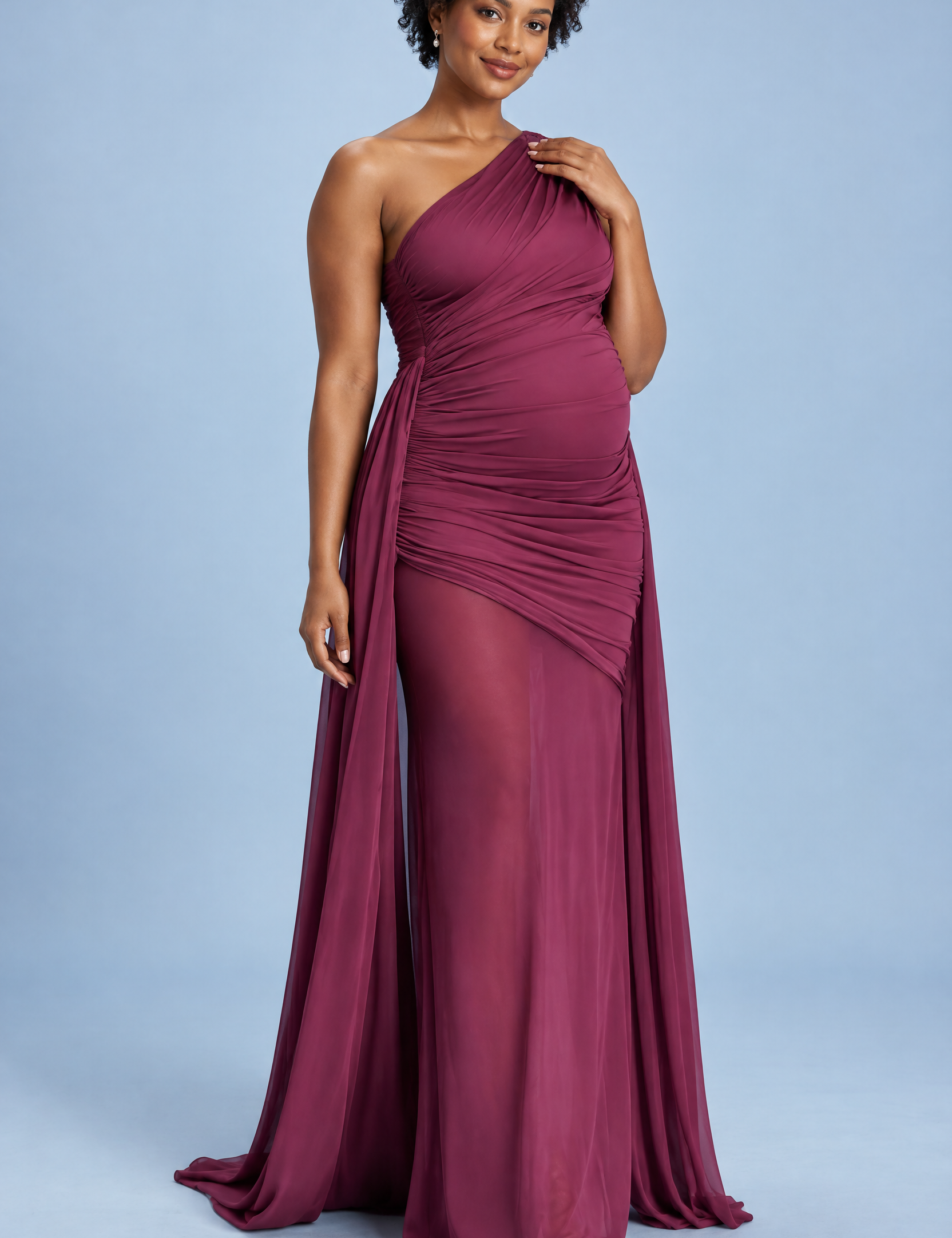 Robe longue de grossesse rouge poudré à encolure asymétrique, manche à nœud et ceinture | Vue de face | Lounelle Paris