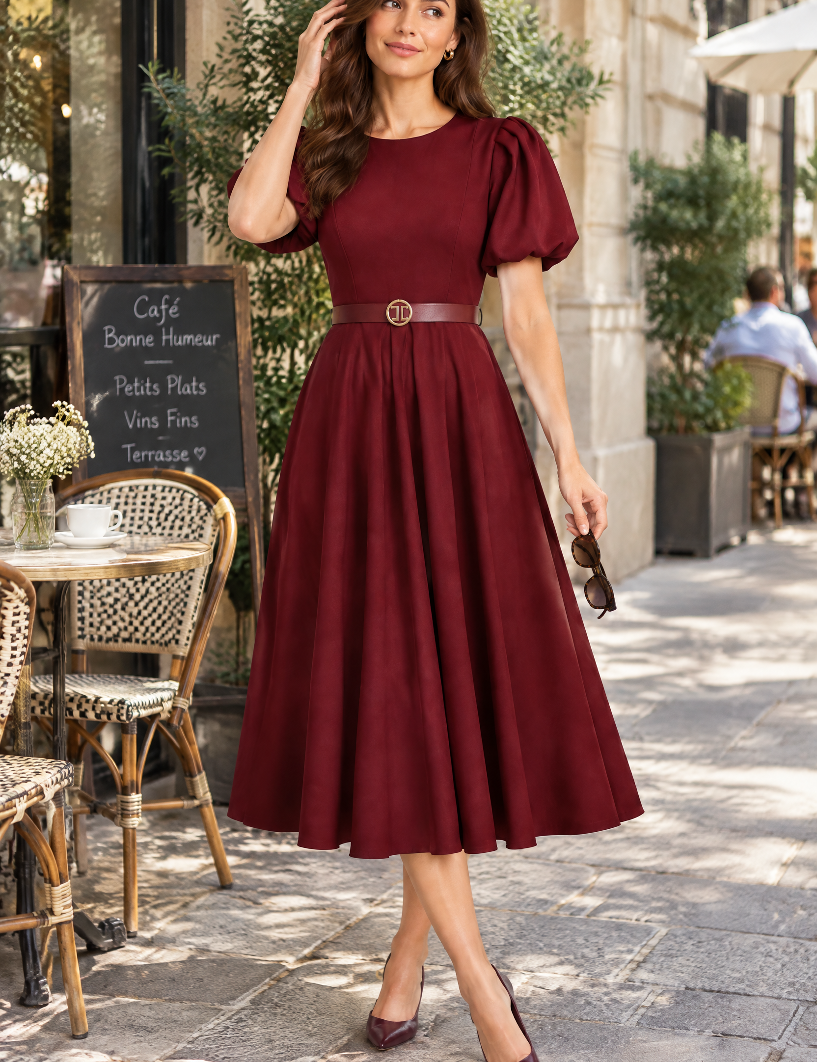 Robe midi bordeaux à col montant et manches bouffantes | Photo lifestyle | Lounelle Paris