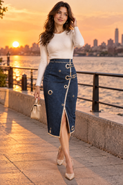 Jupe crayon midi bleue taille haute | Deuxième photo lifestyle | Lounelle Paris