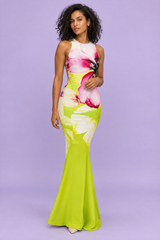 Green maxi dress with poppy print and cut-outs