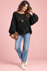 Black Openwork Oversized Boat-Neck Sweater