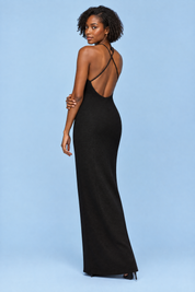 Robe longue noire en velours à détails décoratifs et col montant | Vue de dos | Lounelle Paris