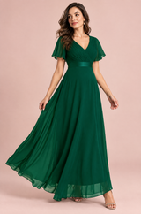 Emerald Green Pleated V-Neck Dress