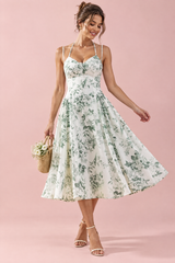White Floral Print Sweetheart-Neck Midi Dress With Ruching Detail