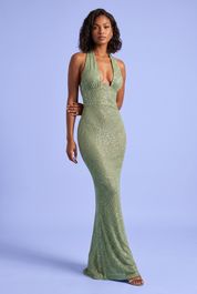 Robe longue à sequins dos nu verte | Vue de face | Lounelle Paris