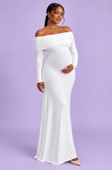 White Maternity Ruched Mesh Bardot Maxi Dress