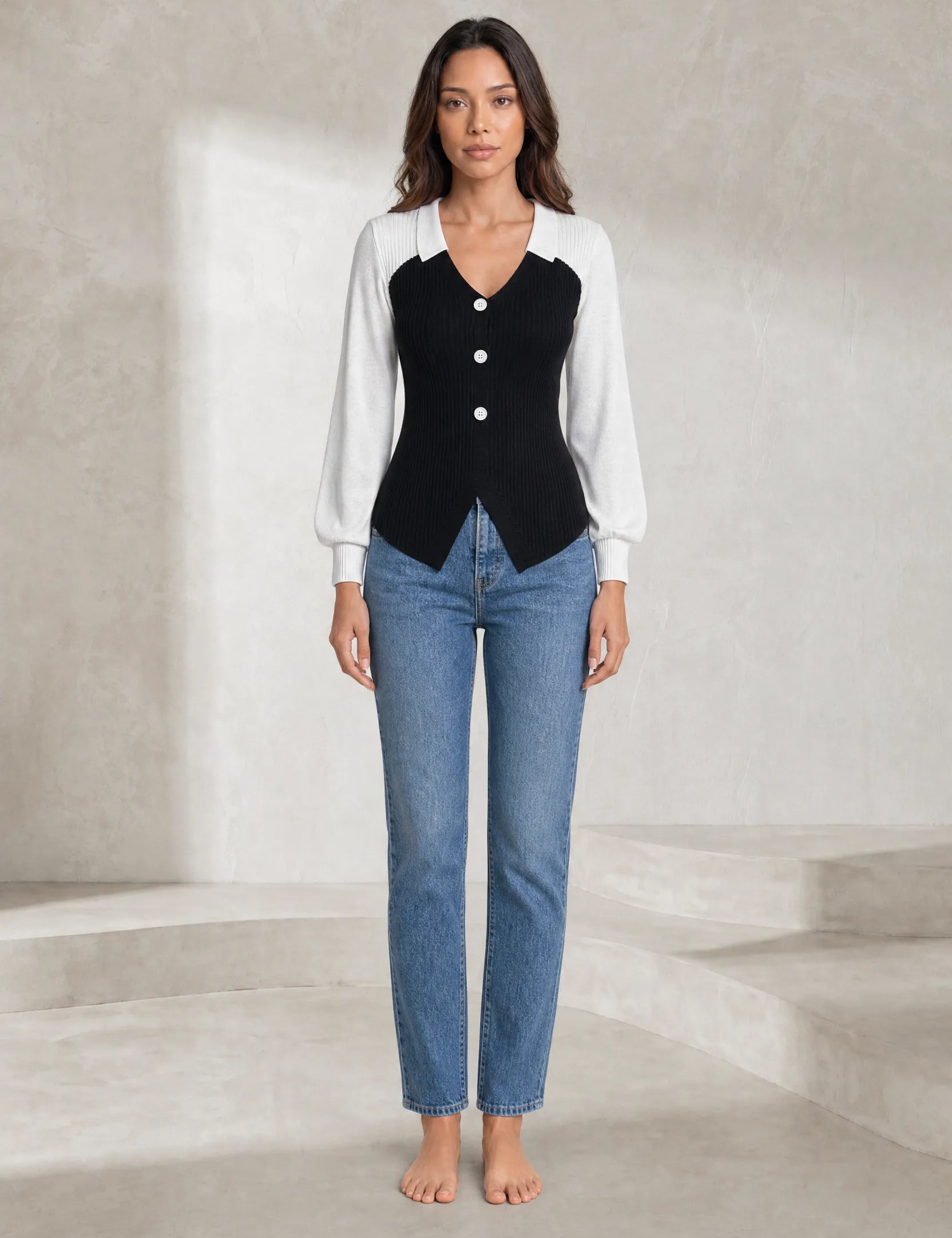 Pull bicolore col en V | Lounelle Paris