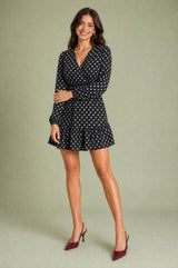 Polka Dot V-Neck Long-Sleeve Tiered Mini Dress